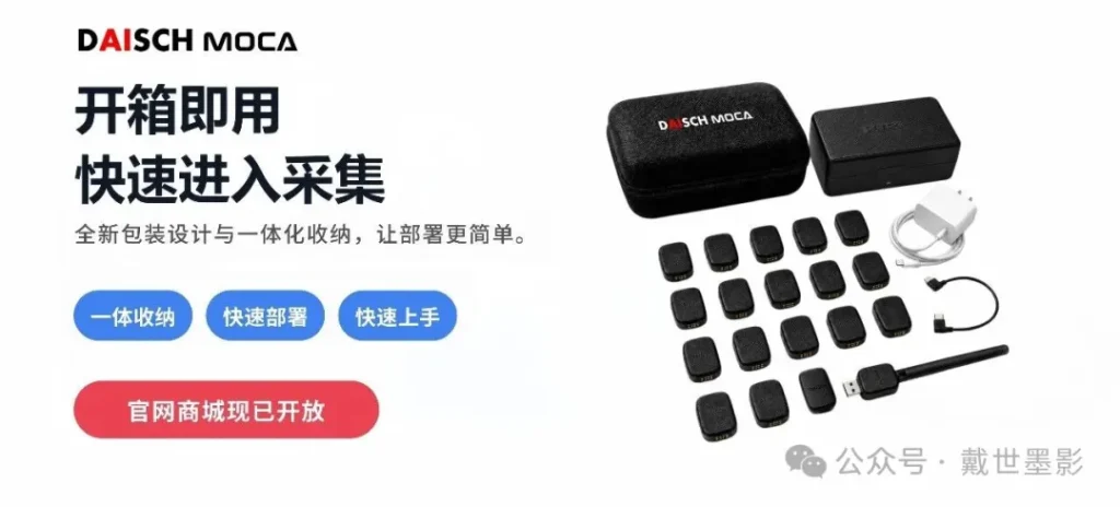 开箱即用的戴世 MOCA 动作捕捉硬件套装，包含 IMU 传感器节点、收纳盒、接收器和充电线。