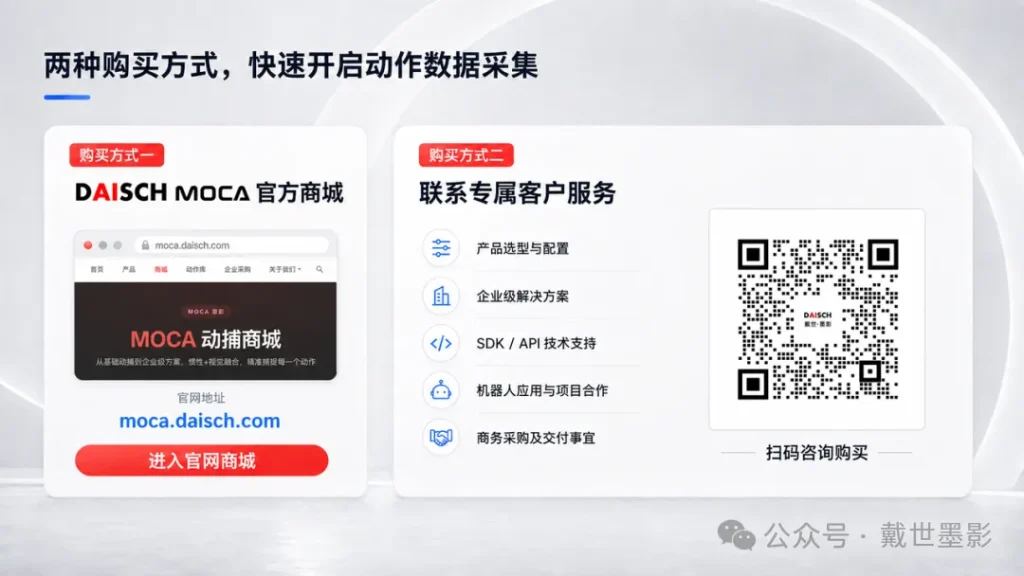 戴世 MOCA 的两种购买方式，包含官方商城链接与专属客服咨询二维码。