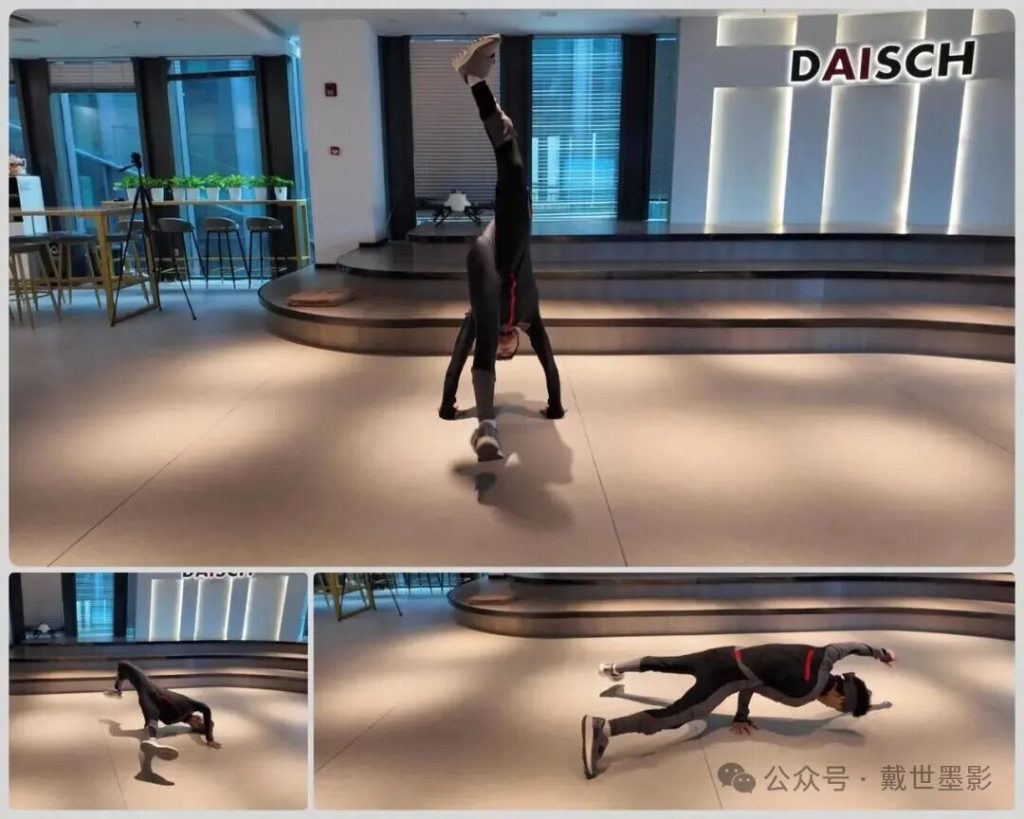 DAISCH 动捕服演示,三张拼接图展示穿戴者完成倒立、高难度肢体动作
