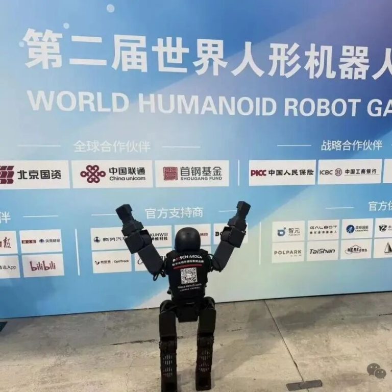 第二届世界人形机器人运动会现场，搭载 DAISCH MOCA 方案的人形机器人举起双臂